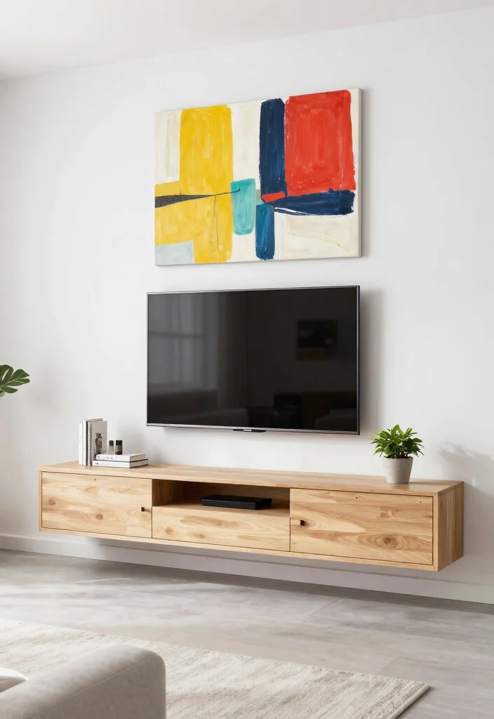 30 Over TV Wall Decor Living Space Ideas for Balanced Design - 7. Floating Media Unit with Art 1
