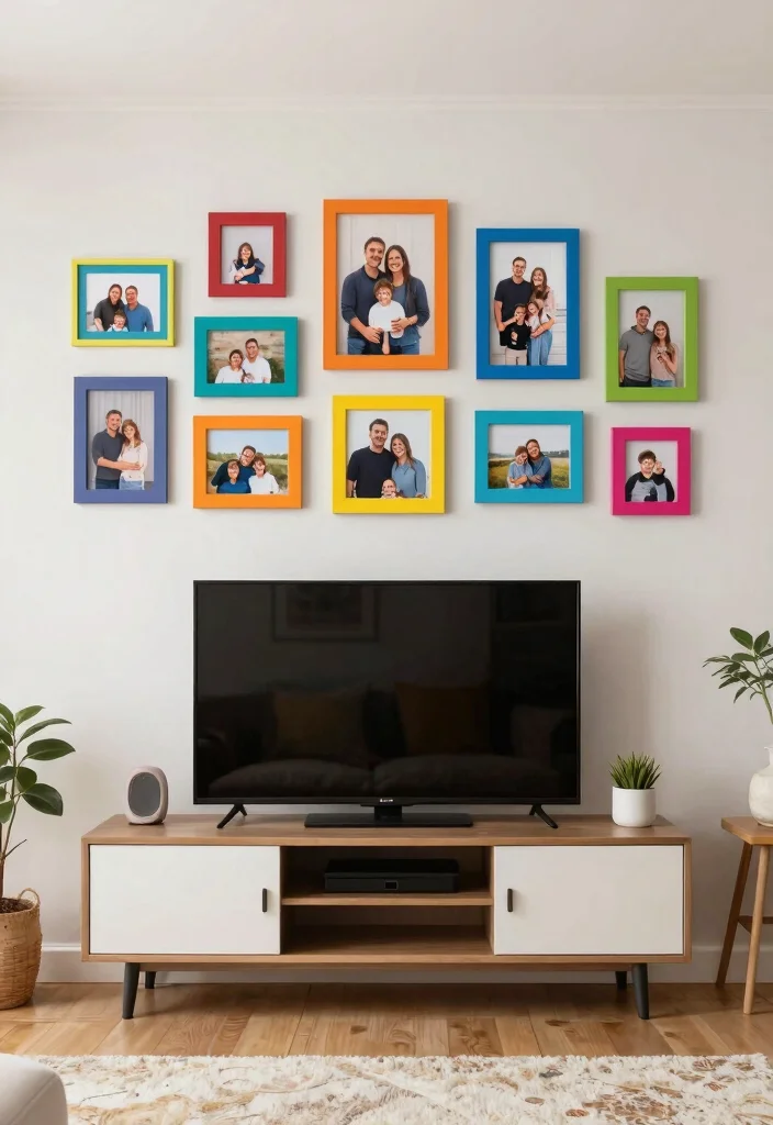 30 Over TV Wall Decor Living Space Ideas for Balanced Design - 8. Play with Colorful Frames 1