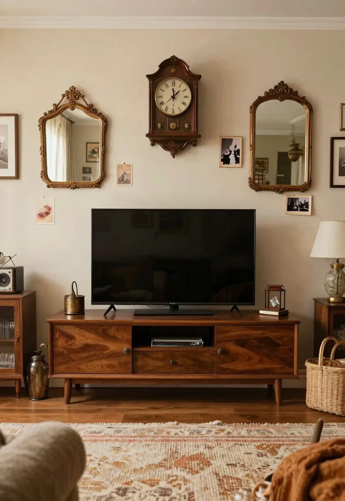 30 Over TV Wall Decor Living Space Ideas for Balanced Design - 9. Incorporate Vintage Decor 1