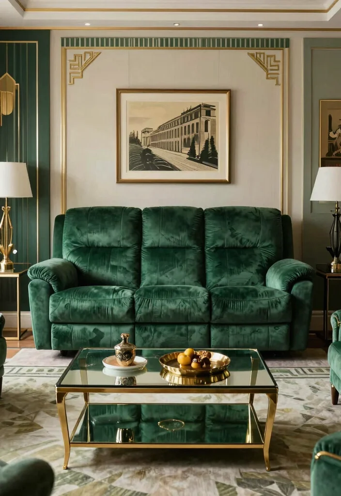 30 Recliner Sofa Living Room Decor Ideas for Comfort and Style - 11. Art Deco Influences 1