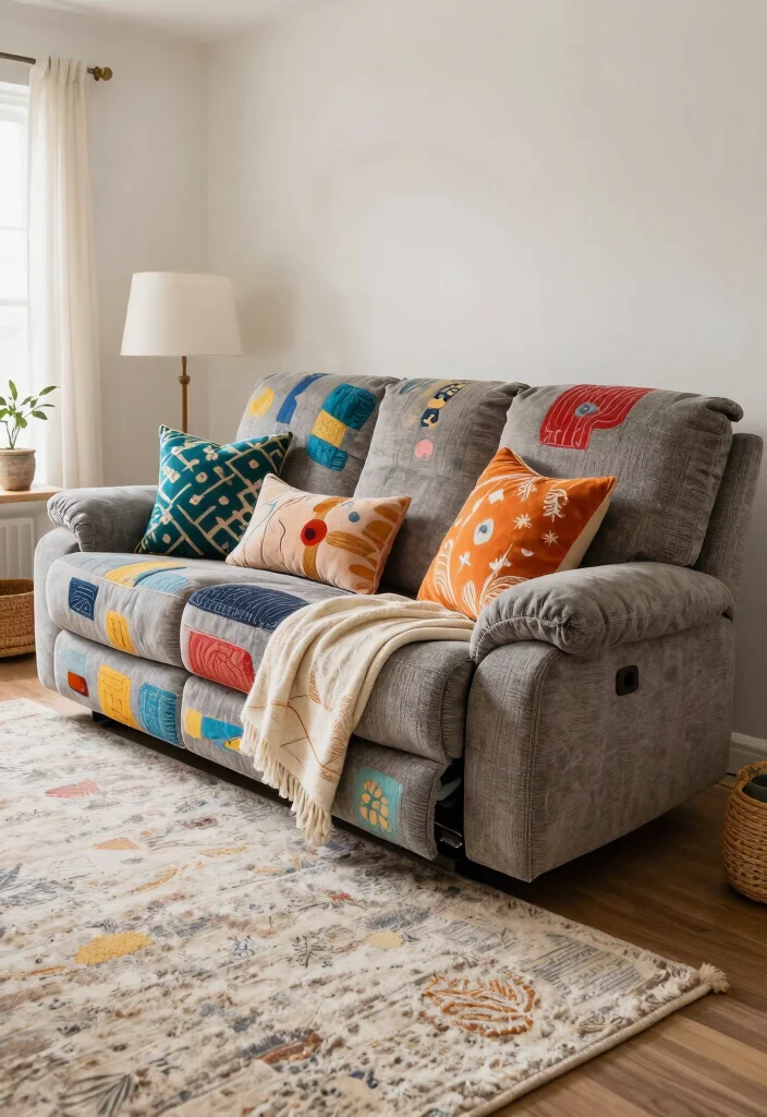 30 Recliner Sofa Living Room Decor Ideas for Comfort and Style - 21. Playful Textiles 1