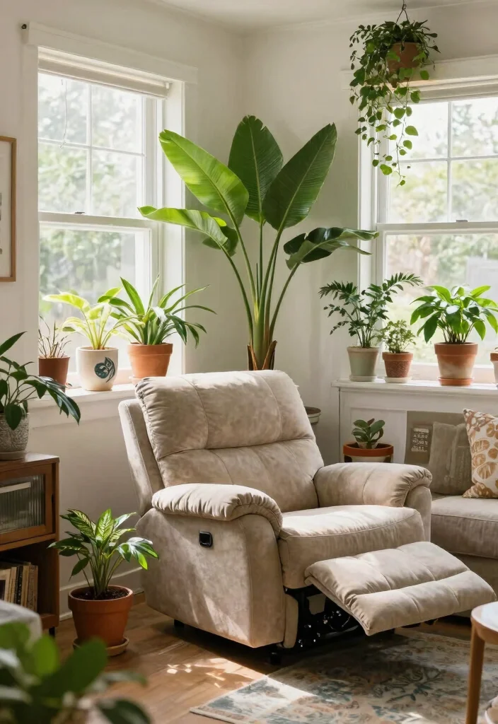 30 Recliner Sofa Living Room Decor Ideas for Comfort and Style - 8. Go Green with Plants 1