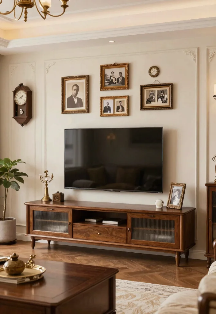 30 TV Wall Decor Living Room Modern Luxury Ideas for Elegant Interiors - 11. Vintage-Inspired Accents 1