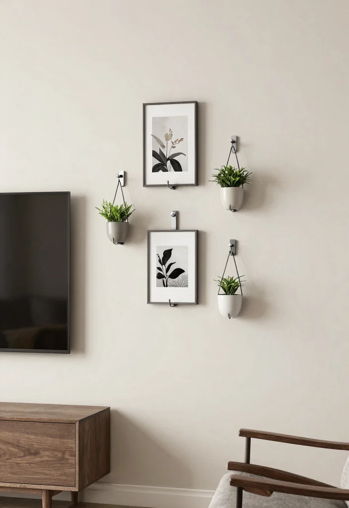 30 TV Wall Decor Living Room Modern Luxury Ideas for Elegant Interiors - 20. Simple Wall Hooks 1