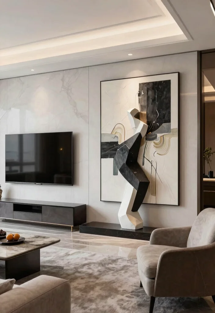 30 TV Wall Decor Living Room Modern Luxury Ideas for Elegant Interiors - 23. Large Scale Art Installations 1