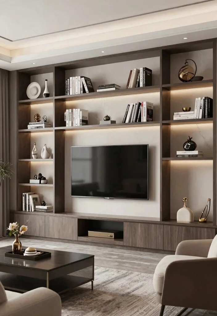 30 TV Wall Decor Living Room Modern Luxury Ideas for Elegant Interiors - 24. Wall-Mounted Bookshelves 1