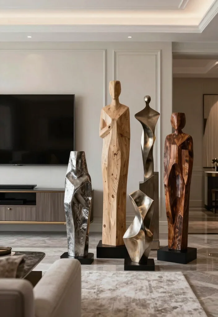 30 TV Wall Decor Living Room Modern Luxury Ideas for Elegant Interiors - 25. Artistic Sculptural Displays 1