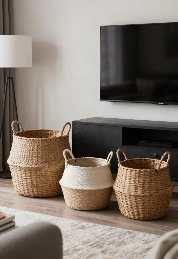 30 TV Wall Decor Living Room Modern Luxury Ideas for Elegant Interiors - 26. Decorative Baskets 1
