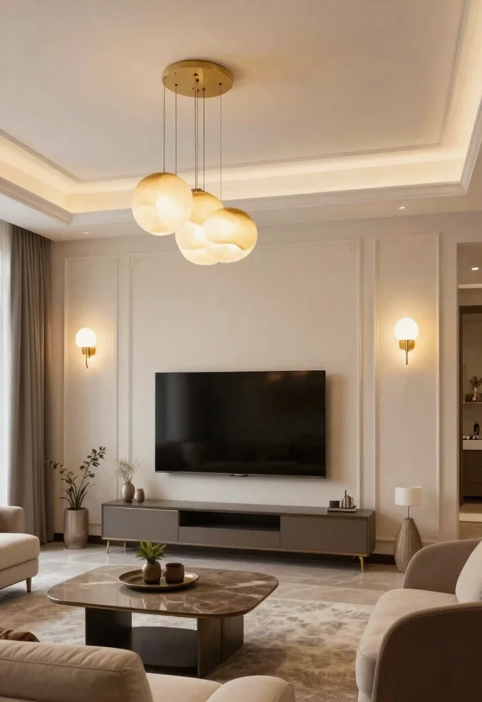 30 TV Wall Decor Living Room Modern Luxury Ideas for Elegant Interiors - 29. Decorative Lighting Fixtures 1