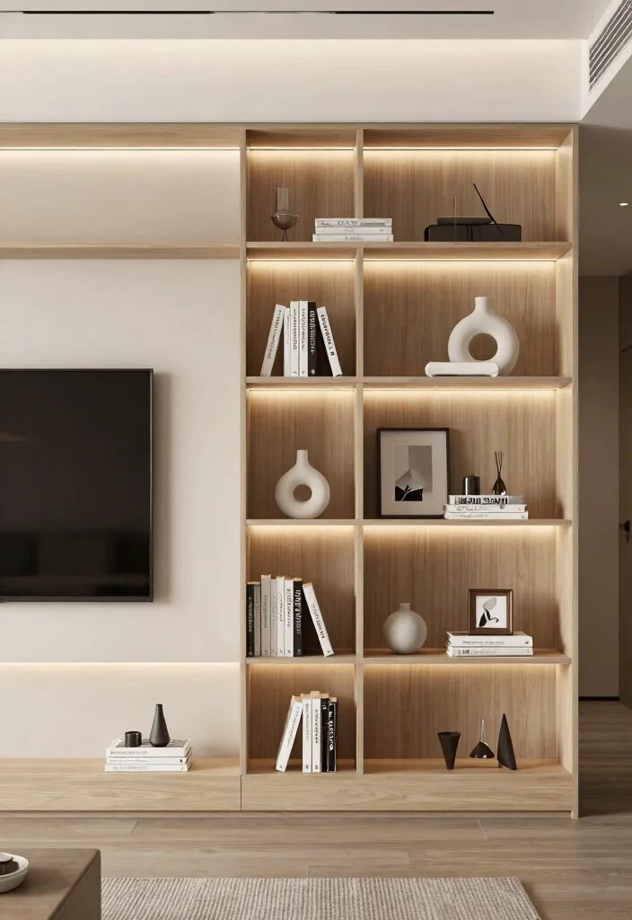 30 TV Wall Decor Living Room Modern Luxury Ideas for Elegant Interiors - 5. Minimalist Shelving Units 1