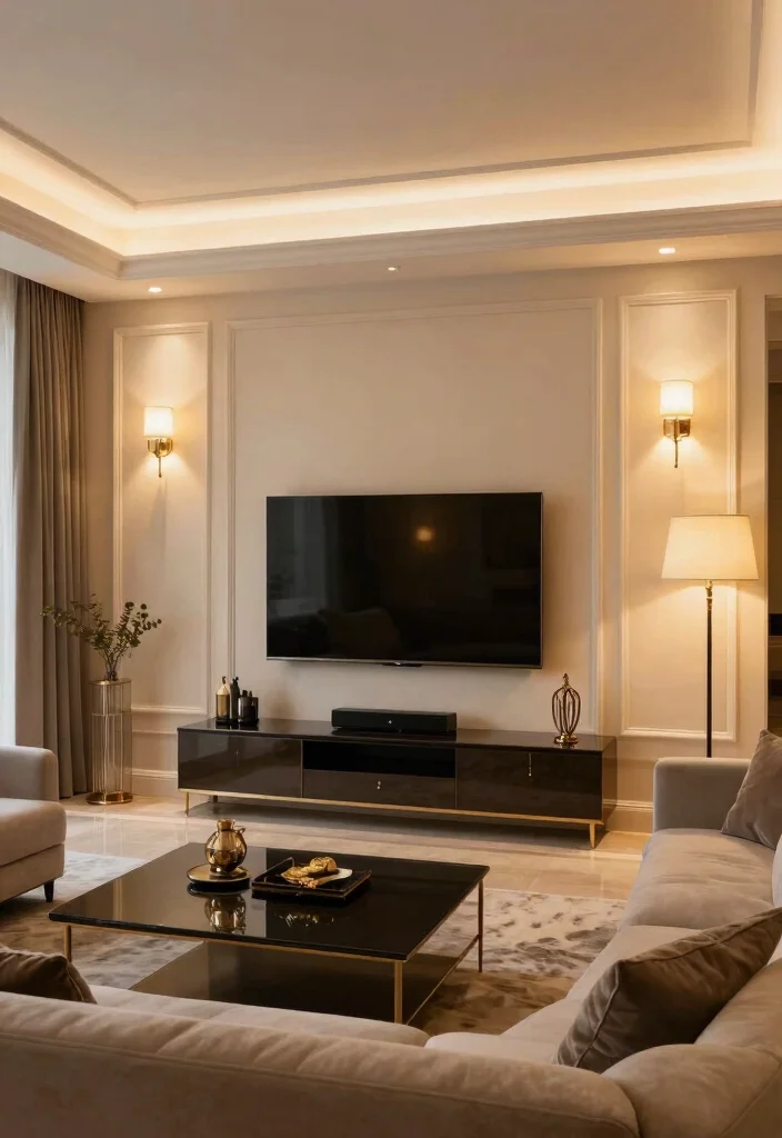 30 TV Wall Decor Living Room Modern Luxury Ideas for Elegant Interiors - 7. Layered Lighting Effects 1