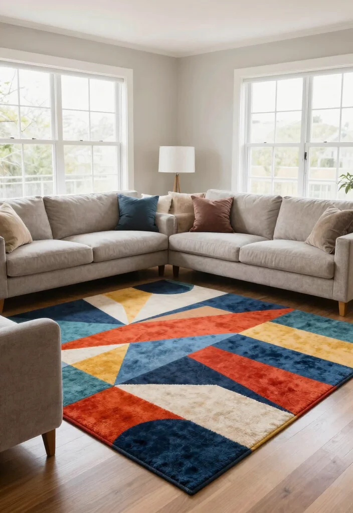 30 Tall Ceiling Living Room Decor Ideas for a Stunning Open Space - 14. Bold Rugs 1