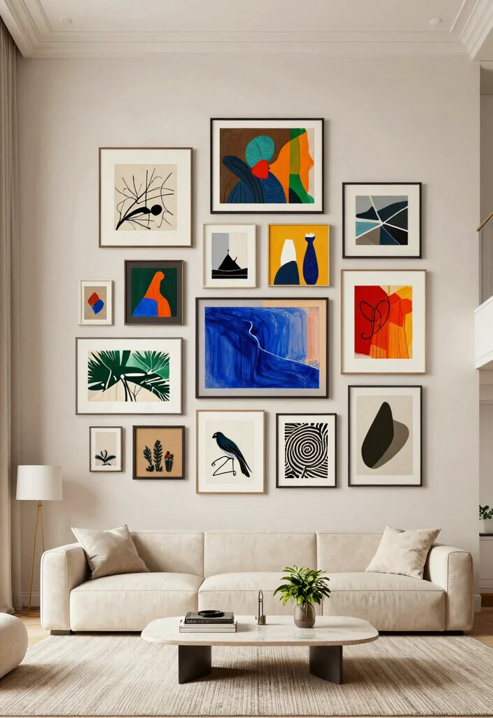 30 Tall Ceiling Living Room Decor Ideas for a Stunning Open Space - 2. Tall Artwork Arrangements 1