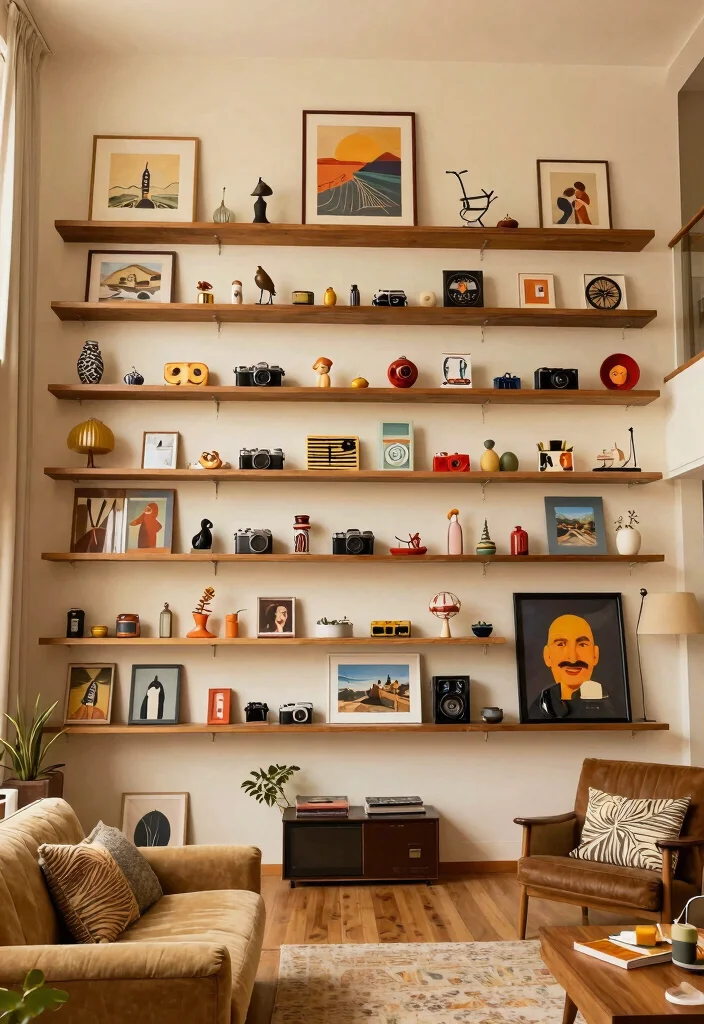 30 Tall Ceiling Living Room Decor Ideas for a Stunning Open Space - 20. Personal Collections Display 1