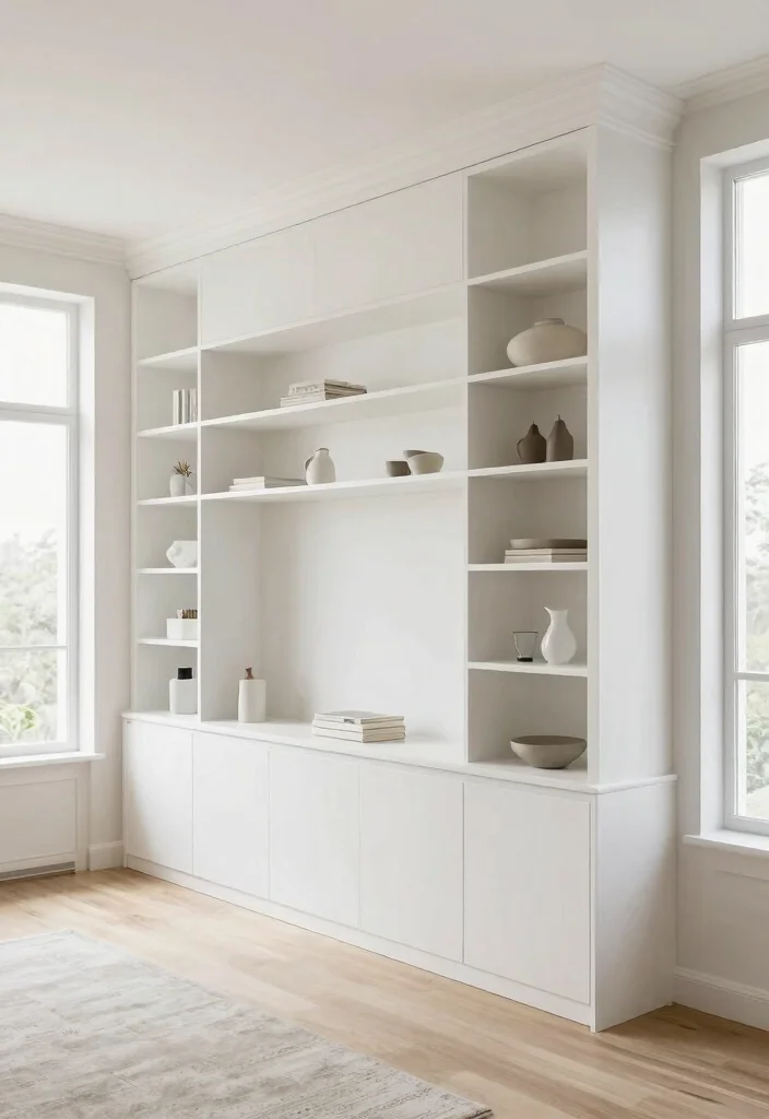 30 Tall Ceiling Living Room Decor Ideas for a Stunning Open Space - 23. Minimalist Built-Ins 1