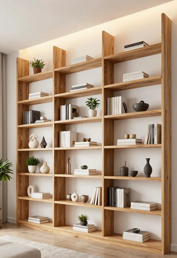 30 Tall Ceiling Living Room Decor Ideas for a Stunning Open Space - 8. Open Shelving for Display 1