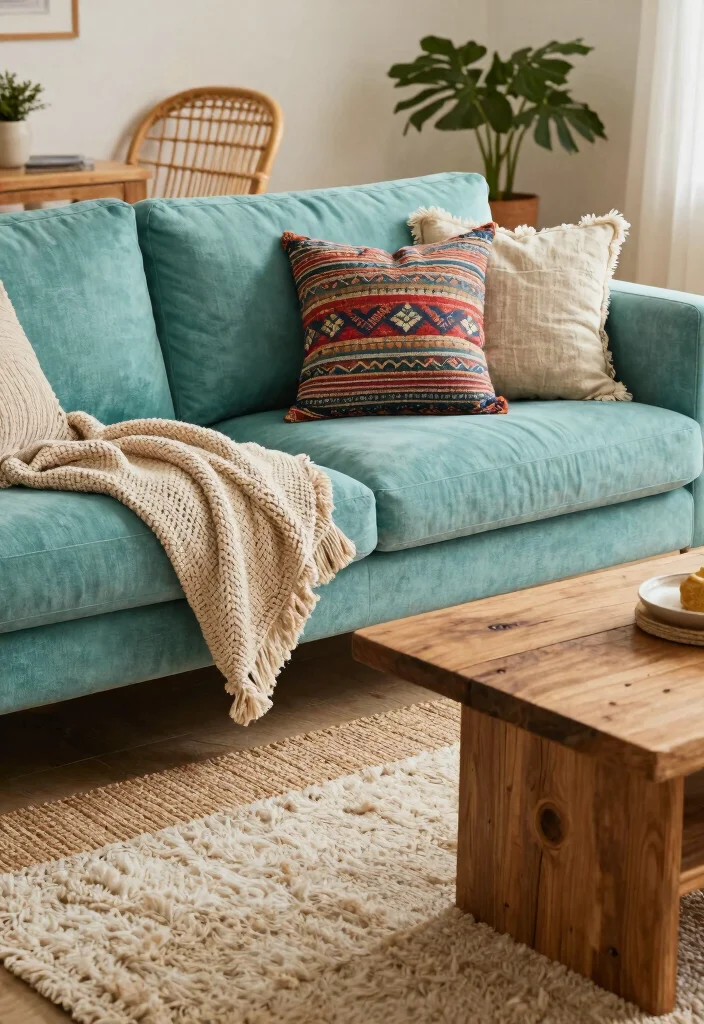 30 Turquoise Sofa Living Room Decor Ideas for Vibrant Homes - 1. Layering Textures 1