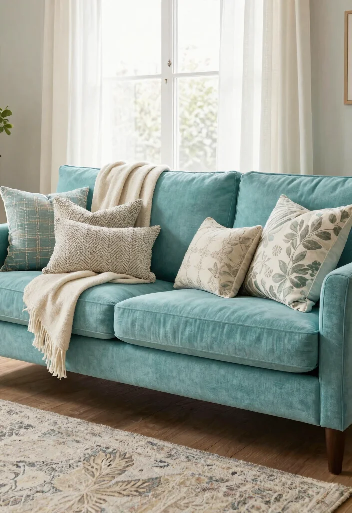 30 Turquoise Sofa Living Room Decor Ideas for Vibrant Homes - 10. Incorporating Textiles 1
