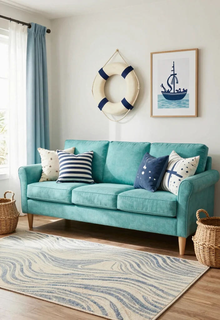 30 Turquoise Sofa Living Room Decor Ideas for Vibrant Homes - 11. Nautical Accents 1