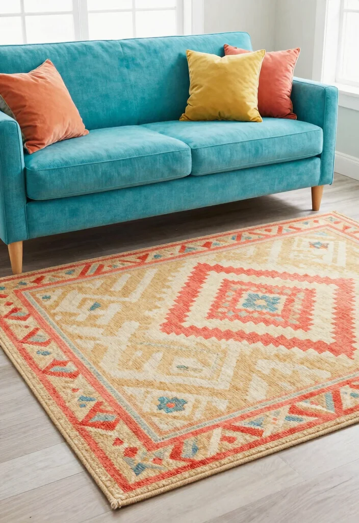 30 Turquoise Sofa Living Room Decor Ideas for Vibrant Homes - 12. Bold Area Rugs 1