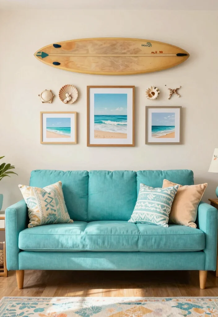 30 Turquoise Sofa Living Room Decor Ideas for Vibrant Homes - 13. Coastal Wall Decor 1