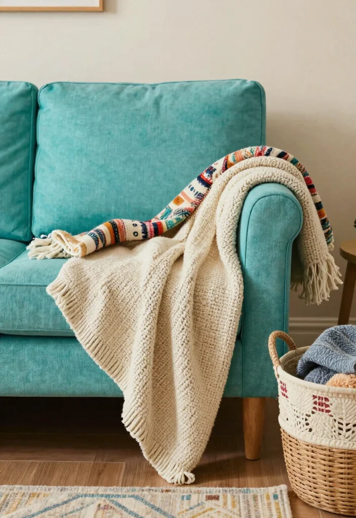 30 Turquoise Sofa Living Room Decor Ideas for Vibrant Homes - 15. Cozy Throw Blankets 1
