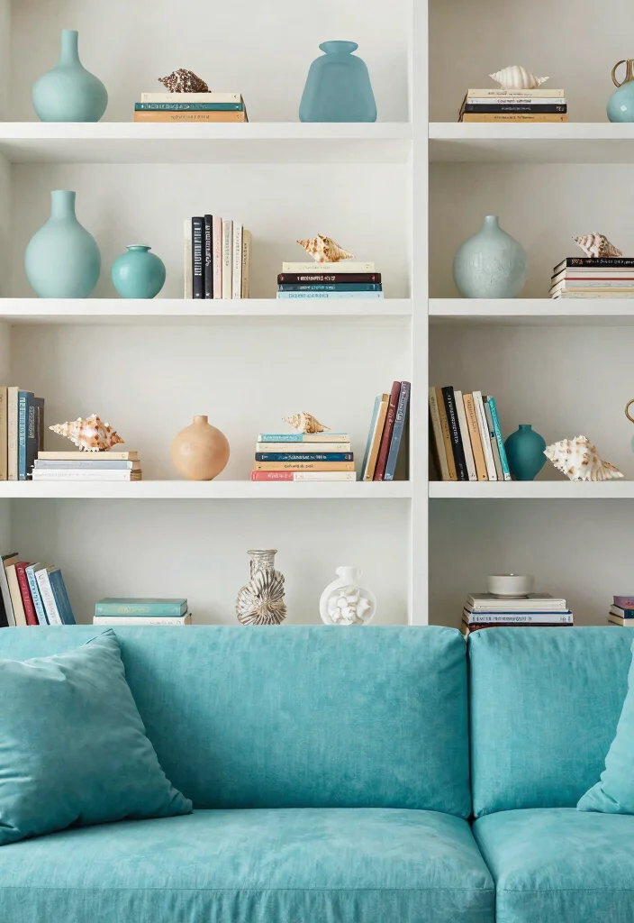 30 Turquoise Sofa Living Room Decor Ideas for Vibrant Homes - 16. Curated Shelving 1