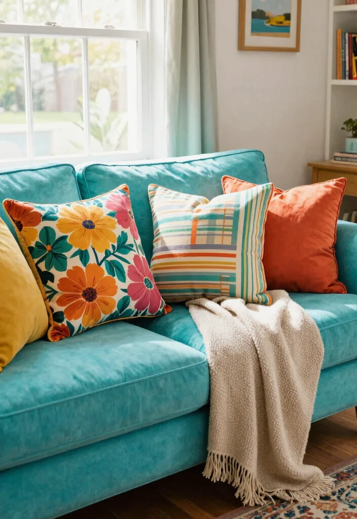 30 Turquoise Sofa Living Room Decor Ideas for Vibrant Homes - 19. Colorful Throw Pillows 1