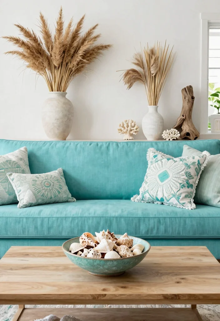 30 Turquoise Sofa Living Room Decor Ideas for Vibrant Homes - 20. Coastal-Inspired Accessories 1