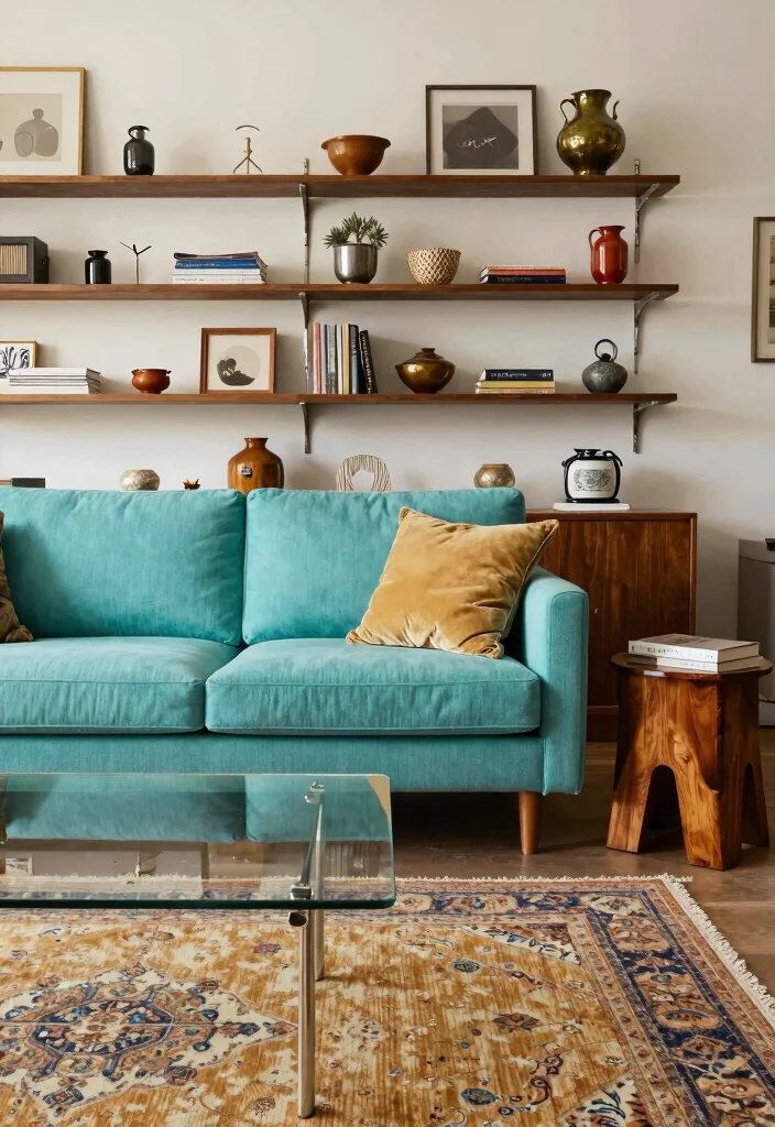 30 Turquoise Sofa Living Room Decor Ideas for Vibrant Homes - 21. Mixing Modern and Vintage 1