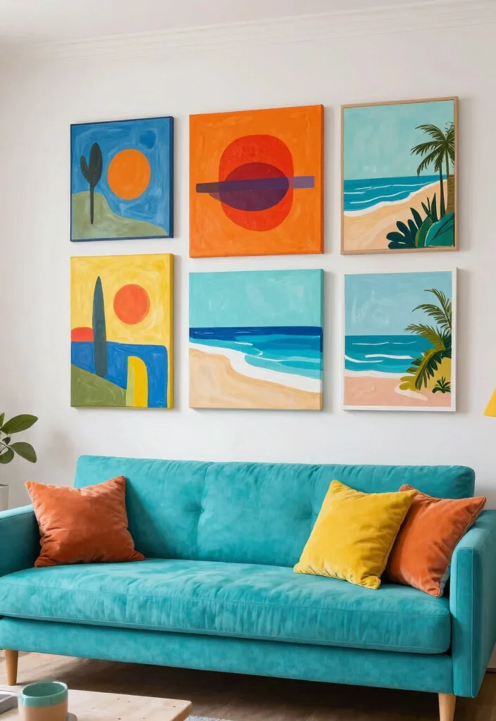 30 Turquoise Sofa Living Room Decor Ideas for Vibrant Homes - 22. Bright Artwork 1