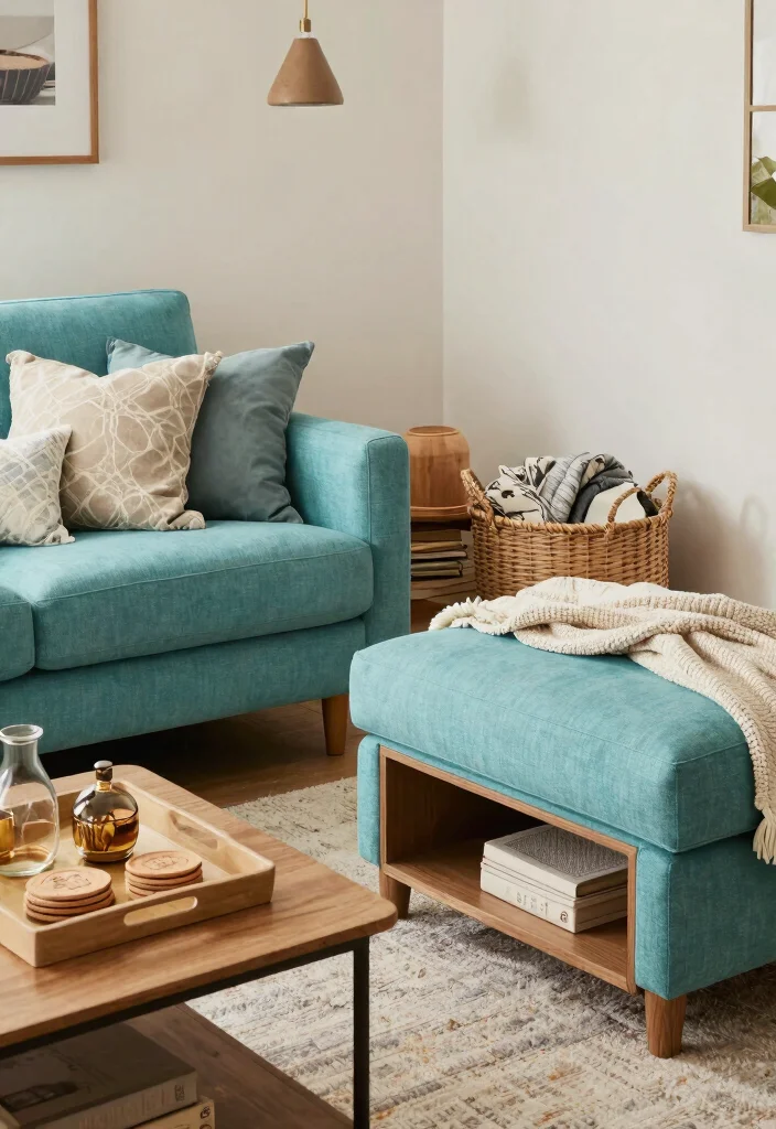 30 Turquoise Sofa Living Room Decor Ideas for Vibrant Homes - 23. Functional Decorative Items 1