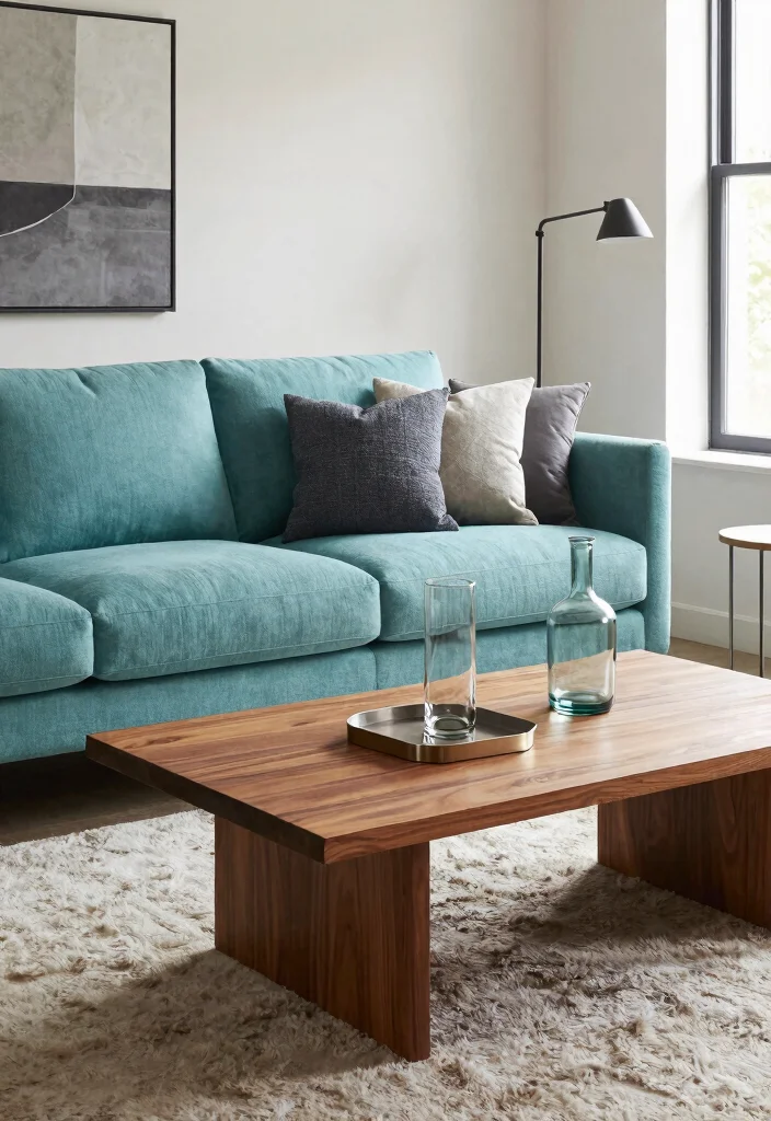 30 Turquoise Sofa Living Room Decor Ideas for Vibrant Homes - 24. Mixing Materials 1