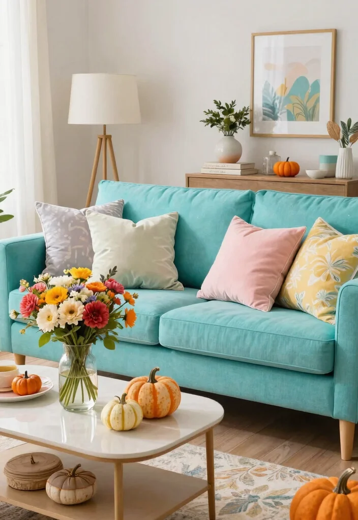 30 Turquoise Sofa Living Room Decor Ideas for Vibrant Homes - 27. Seasonal Decor 1