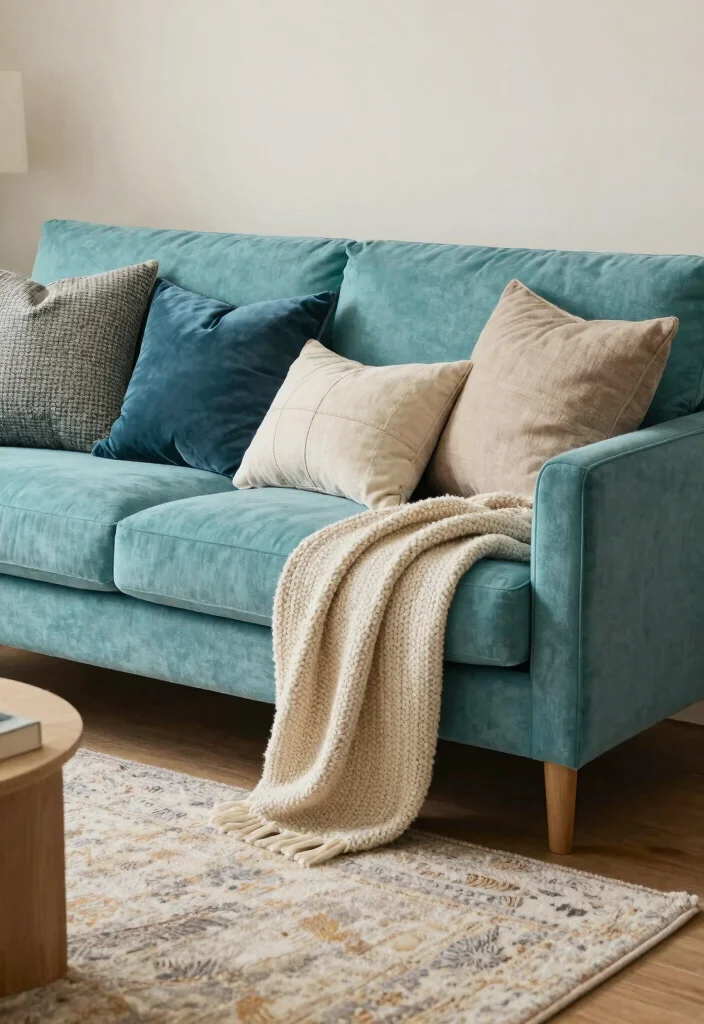 30 Turquoise Sofa Living Room Decor Ideas for Vibrant Homes - 29. Textured Fabrics 1
