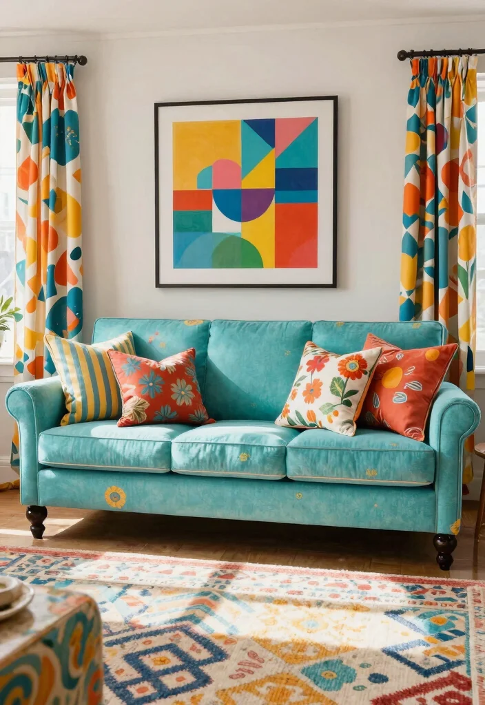 30 Turquoise Sofa Living Room Decor Ideas for Vibrant Homes - 3. Playful Patterns 1