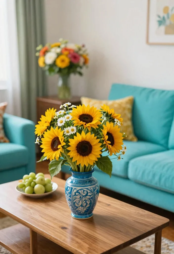 30 Turquoise Sofa Living Room Decor Ideas for Vibrant Homes - 30. Bright Floral Arrangements 1