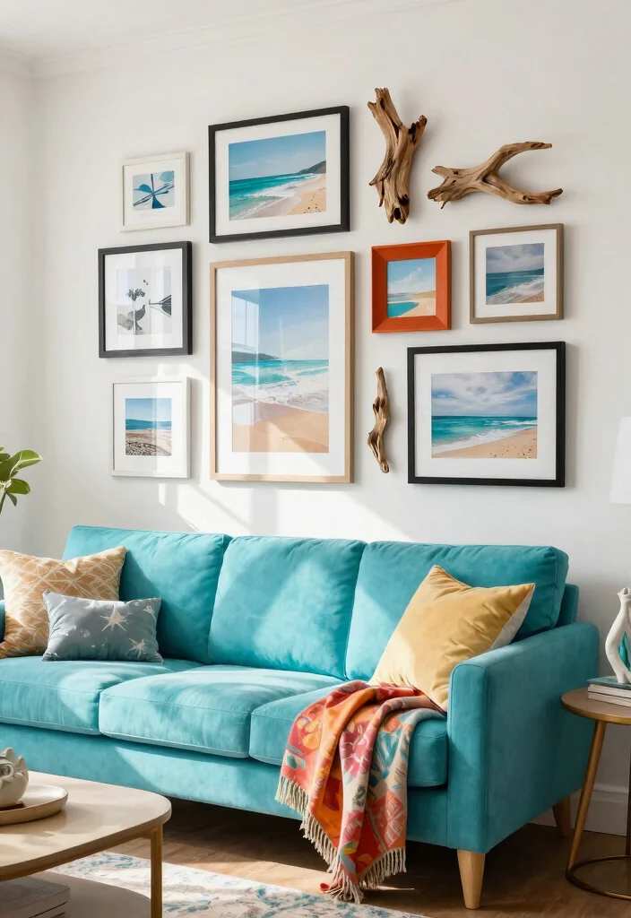 30 Turquoise Sofa Living Room Decor Ideas for Vibrant Homes - 4. Artwork Display 1