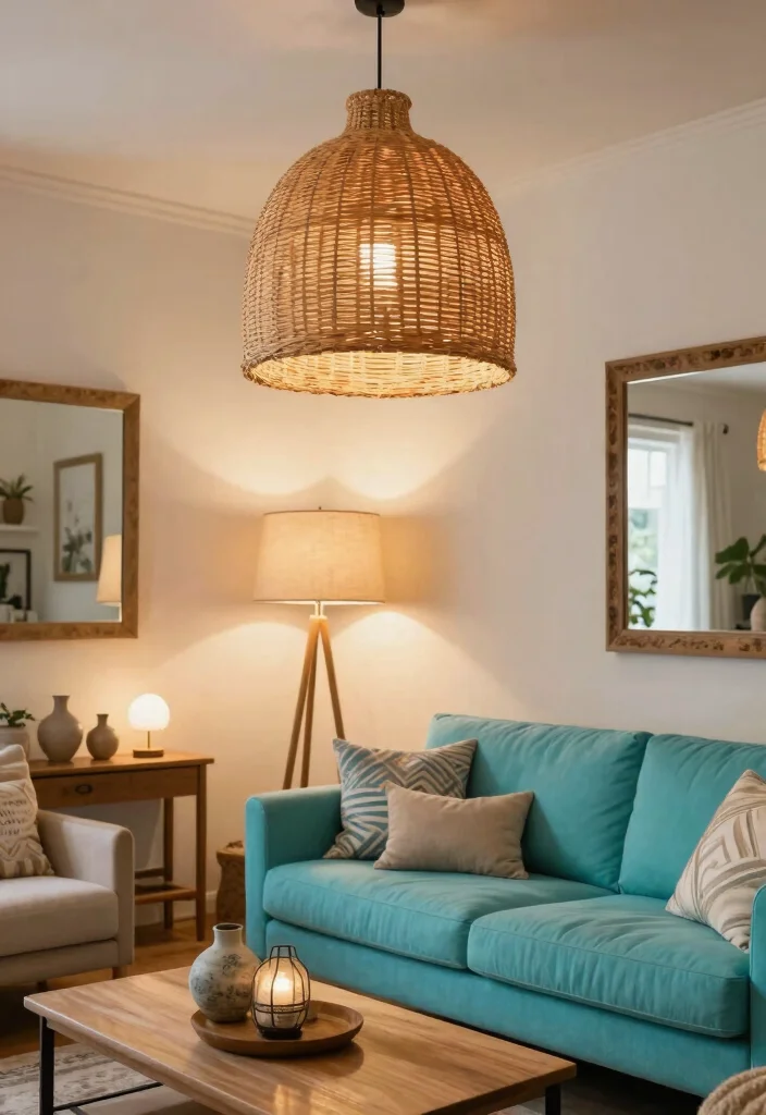 30 Turquoise Sofa Living Room Decor Ideas for Vibrant Homes - 6. Statement Lighting 1