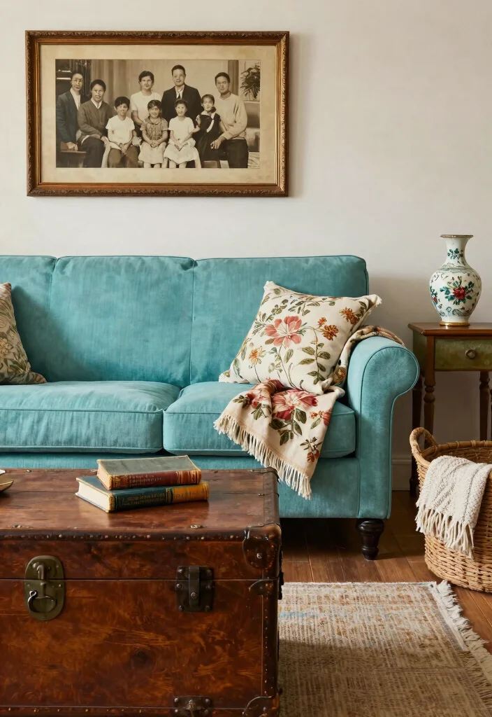 30 Turquoise Sofa Living Room Decor Ideas for Vibrant Homes - 7. Vintage Accents 1