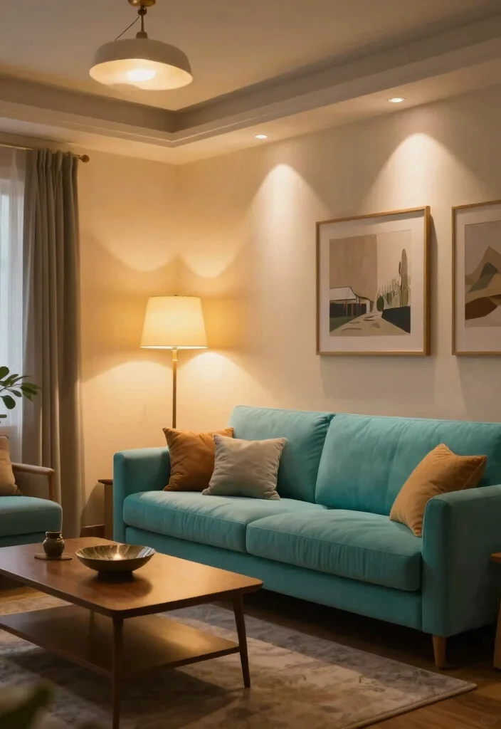 30 Turquoise Sofa Living Room Decor Ideas for Vibrant Homes - 8. Layered Lighting 1