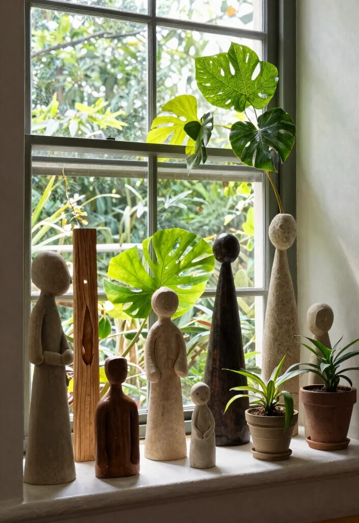 30 Windowsill Decor Living Room Ideas for a Bright Pretty Space - 11. Artistic Displays with Sculptures 1