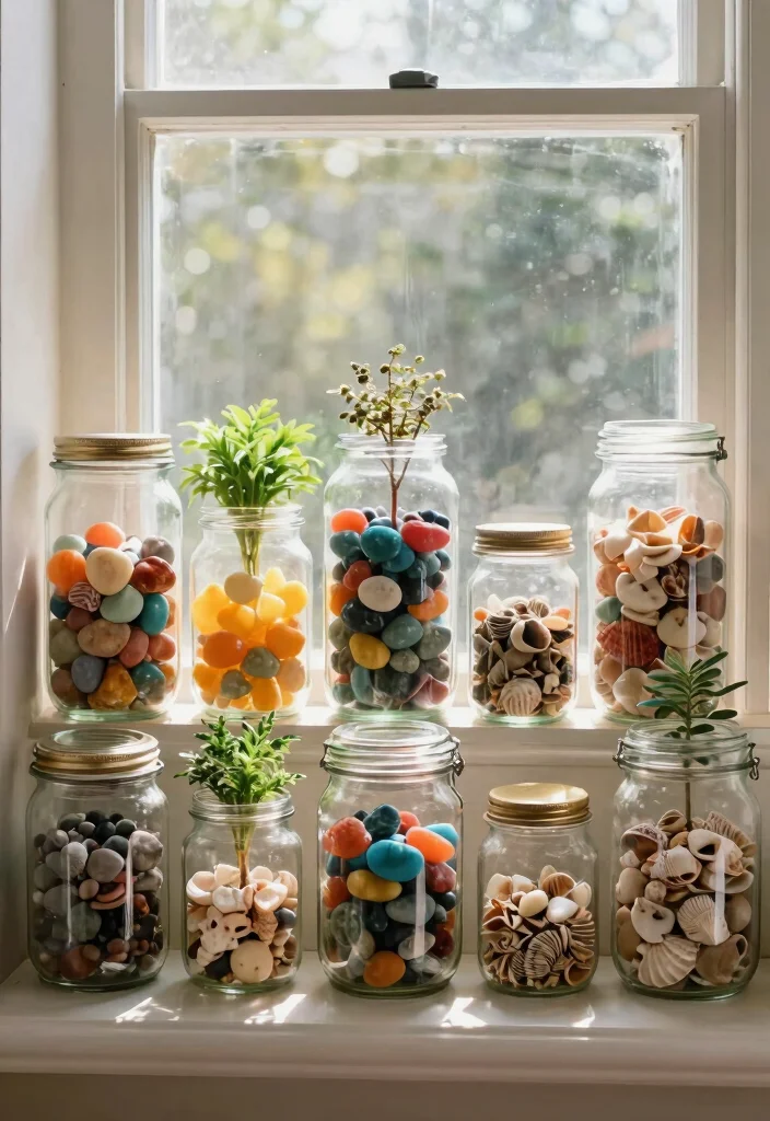 30 Windowsill Decor Living Room Ideas for a Bright Pretty Space - 13. Creative Use of Jars 1