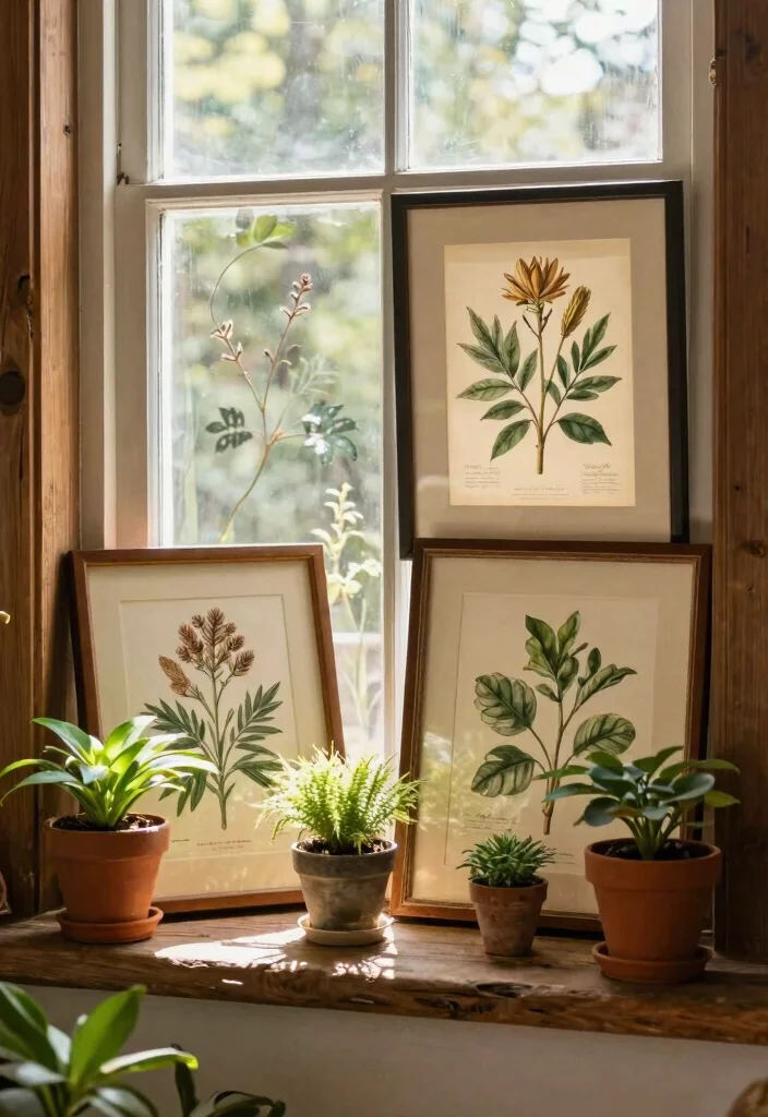 30 Windowsill Decor Living Room Ideas for a Bright Pretty Space - 19. Vintage Botanical Displays 1