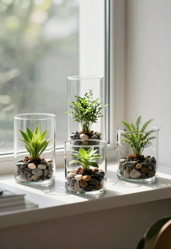 30 Windowsill Decor Living Room Ideas for a Bright Pretty Space - 20. Minimalist Plant Terrariums 1
