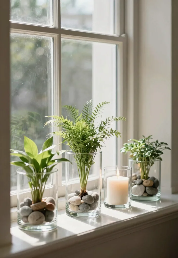 30 Windowsill Decor Living Room Ideas for a Bright Pretty Space - 25. Elegant Glass Containers 1