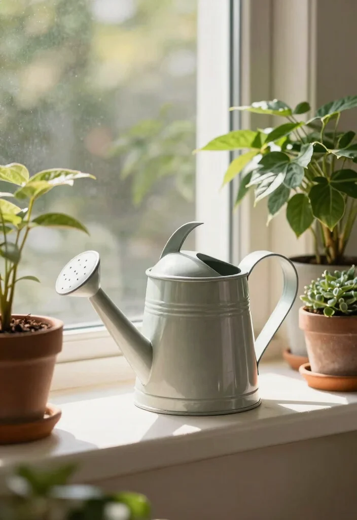 30 Windowsill Decor Living Room Ideas for a Bright Pretty Space - 29. Chic Watering Can Display 1