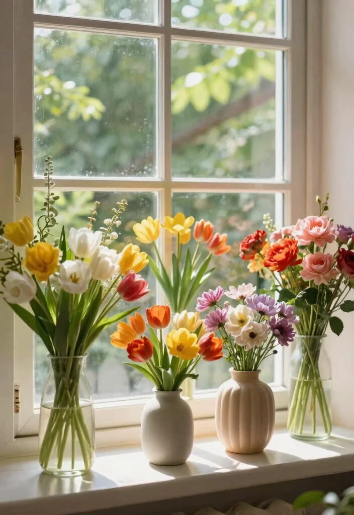 30 Windowsill Decor Living Room Ideas for a Bright Pretty Space - 30. Fresh Flower Arrangements 1