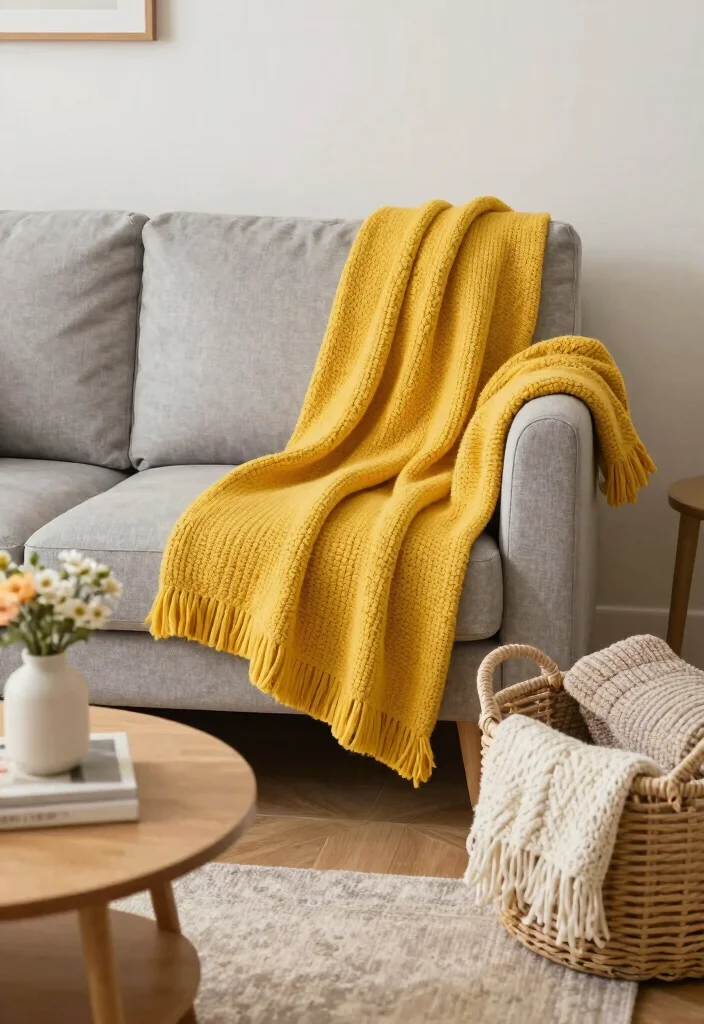 30 Yellow Decor Living Room Ideas for a Cheerful Stylish Space - 10. Cozy Yellow Blankets 1