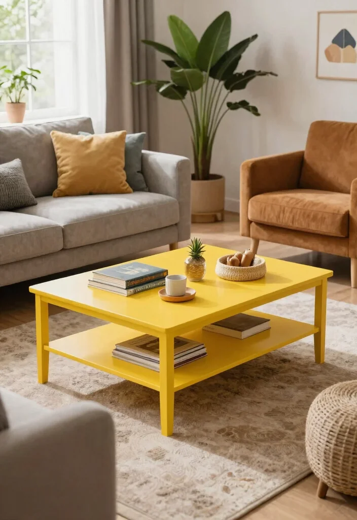 30 Yellow Decor Living Room Ideas for a Cheerful Stylish Space - 12. Eclectic Yellow Coffee Tables 1